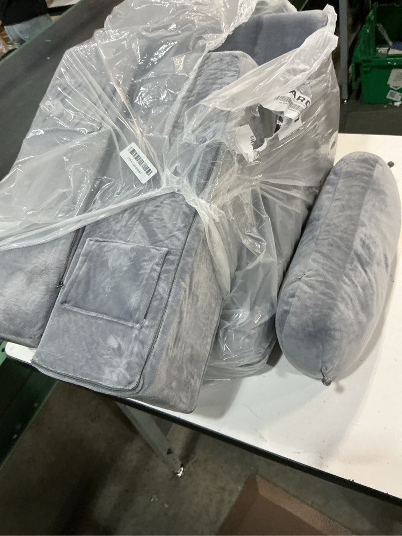 Condition photo showing As Is for AS AWESLING 21 INCH Reading Pillow for Adults, Back Pillow for Bed Sitting Up, Backrest Pillow for Sitting in Bed, Detachable Arms with Built-in Cup & Phone Caddy (Gray, 21 INCH) Gray 21 INCH