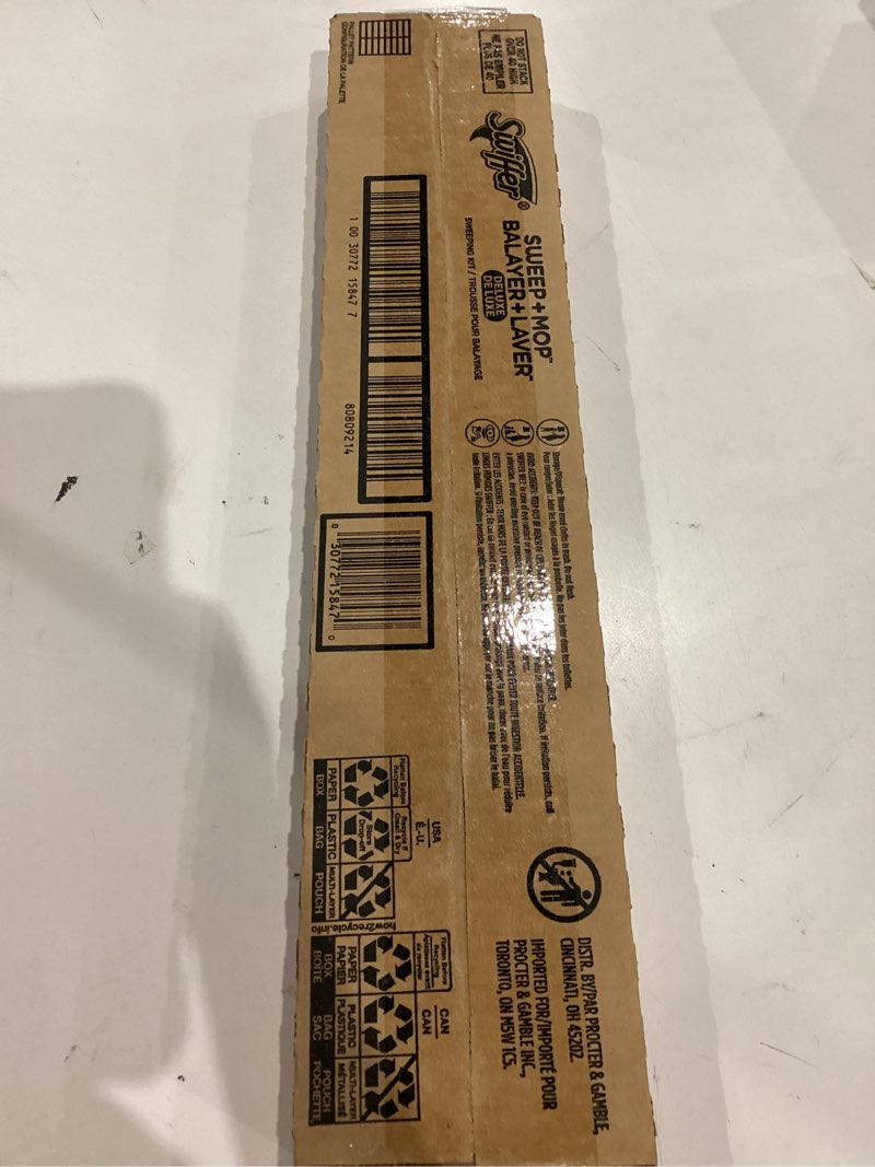 Condition photo showing New/Like New for swiffer sweep and mop deluxe  2-in-1 floor mopping and sweeping kit  includes 1 sweeper device  5 heavy duty dry sweeping cloths  6 heavy duty wet mopping cloths