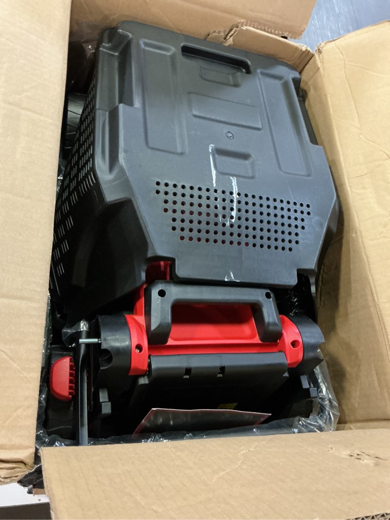 Condition photo showing As Is for mzk 20v 13" electric lawn mower, brushless cordless lawn mower with 4-position height adjustment, walk-behind push mowers with 8 gallon grass bag, 2 x 4.0ah batteries & charger included