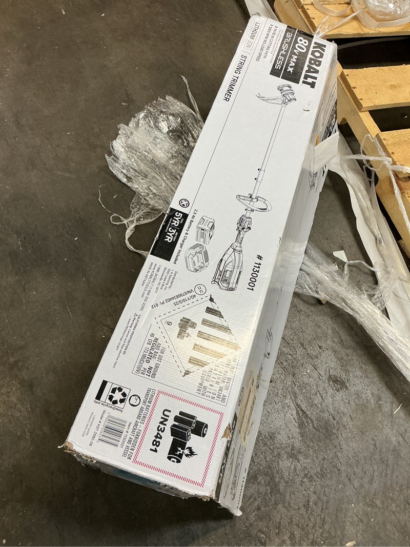 Condition photo showing As Is for kobalt 80-volt 16-in straight shaft battery string trimmer 2.5 ah (battery included) (charger included)