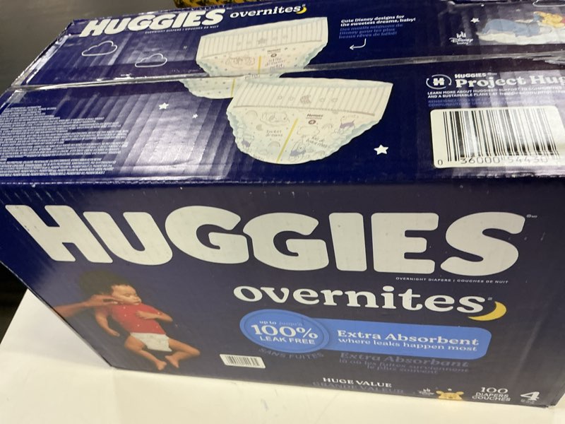 Condition photo showing New/Like New for Huggies Overnites Nighttime Baby Diapers, Size 4, 100Ct White Size 4
