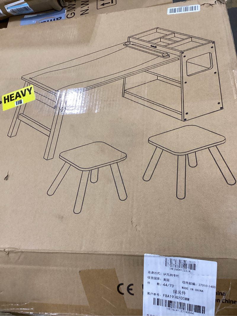 Condition photo showing Good Condition for bateso kids art table and 2 chairs set with roll paper & storage, wooden kid craft table for drawing