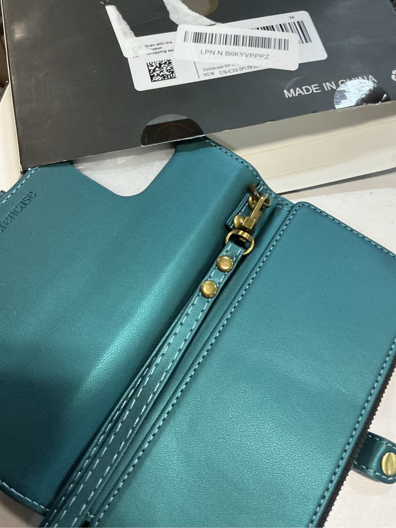 Condition photo showing Good Condition for defencase for iphone 15 pro max magnetic wallet case compatible with magsafe with rfid blocking zipper strap card holder for women, pu leather detachable case for iphone 15 pro max (6.7"), blue green iphone 15 pro max (6.7'' triple cameras) (detachable with magsafe)-blue green