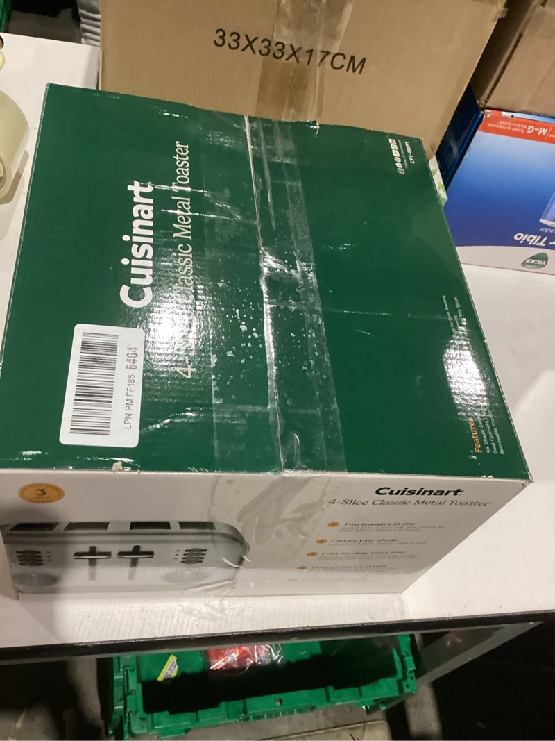 Condition photo showing As Is for Cuisinart 4 Slice Compact Stainless Steel Toaster with Extra-Wide Slots for Bread, French Toast, Bagels & Pastries, Defrost & Reheat Functions, CPT-180P1, Brushed Stainless, Removable Crumb Tray