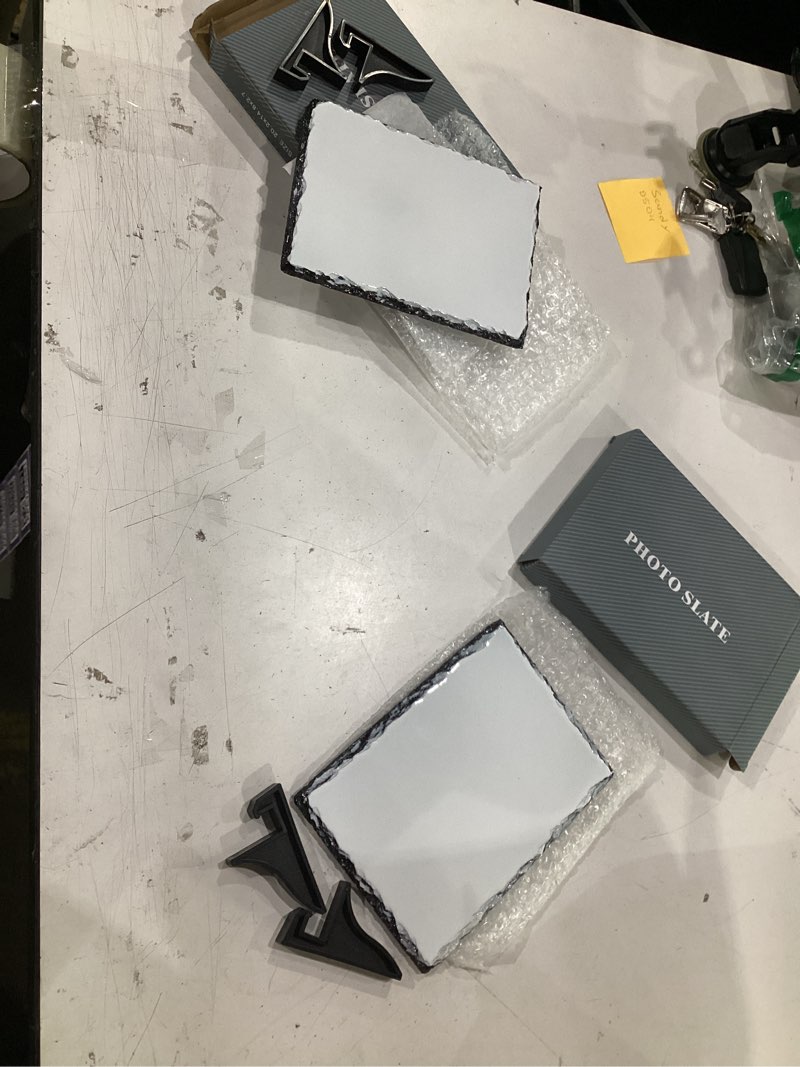 Condition photo showing Good Condition for youke ola 12 pack sublimation slate blank rock stone photo rectangular frame heat transfer plaque picture frame with display holder for diy craft 5.9 x 7.9 inch