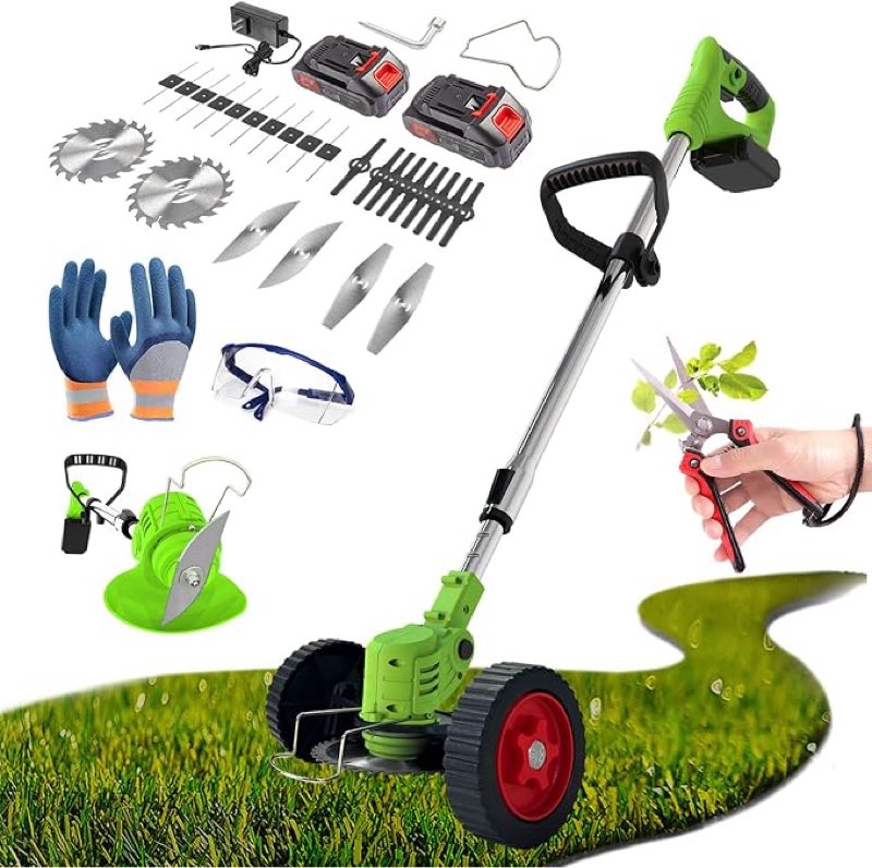 electric weed eater cordless weed wacker battery operated, 21v rechargeable weed eaters with 5 types/ 26pcs blades & 2 batteries, stringless lawn edger tool, push wheel weed trimmer for garden & yard