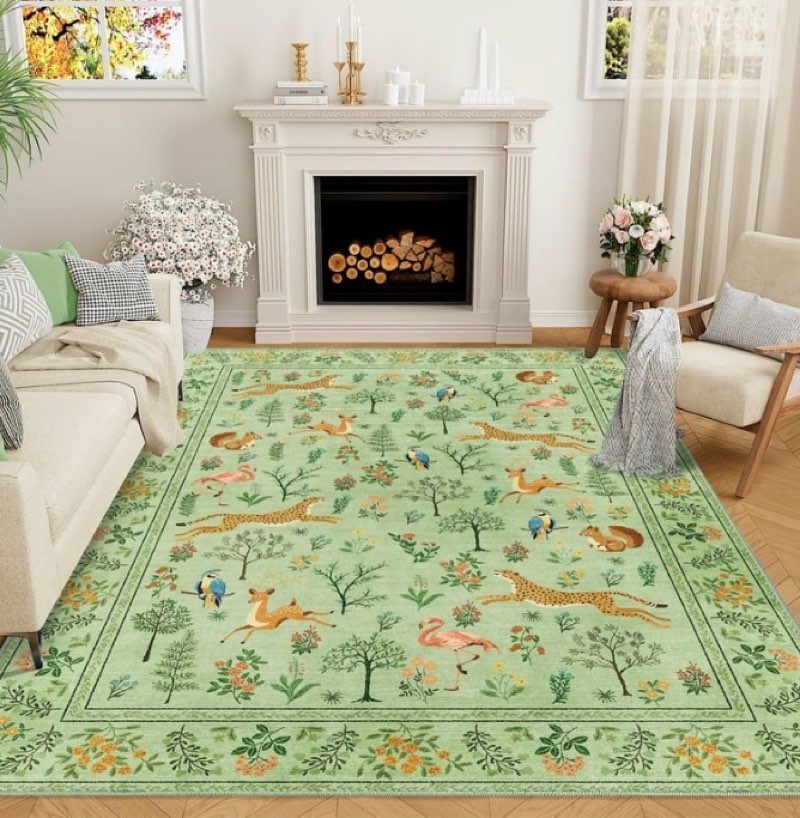 DUKINO 8x10 Rug, Washable Animal Living Room Rug with Non Slip Vintage Design, Soft Low Pile Large Carpet for Bedroom, Nursery, Dining Room, Farmhouse, Playroom, Light Green
