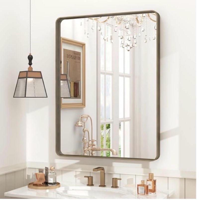 CHAMROR 24x32 Inch Bronze Metal Framed Bathrrom Mirror for Wall, Bronze Rounded Rectangle Mirror, Matte Bronze Bathroom Vanity Mirror, Anti-Rust, Tempered Glass, Hangs Horizontally or Vertically 32\"L x 24\"W Bronze