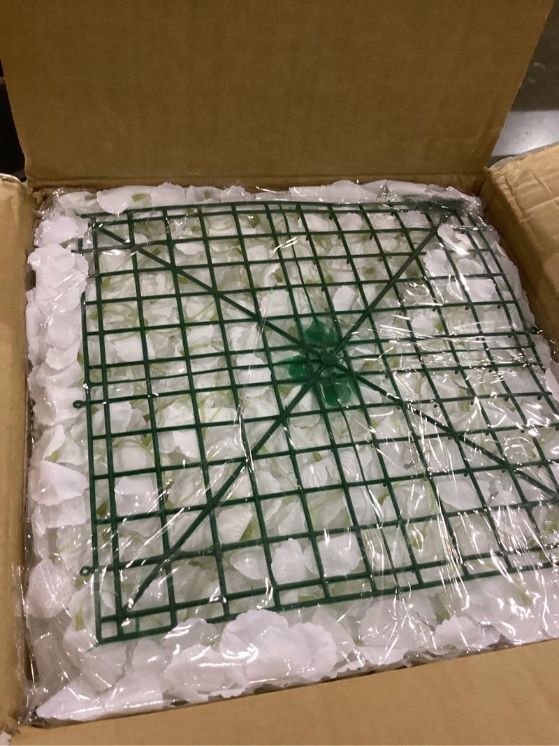 Condition photo showing New/Like New for Flower Wall Panels White Backdrop: Artificial Flower Wall Backdrop 5ft by 7.5ft Hydrangea Floral Wall for Wedding Party Decoration (24 Pcs 15 x 15 Inch)