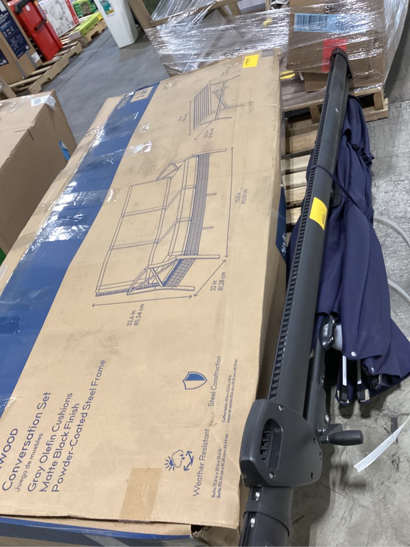 Condition photo showing As Is for allen + roth 11-ft aluminum blue crank cantilever patio umbrella with lights with