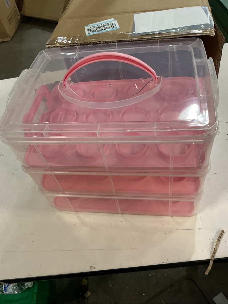 Condition photo showing Good Condition for juvale 3-tier cupcake carrier - airtight plastic container for baking - stackable cupcake containers & removable trays - portable cake transport holder - holds 36, pink, 13.5"x10.25"x10.75"