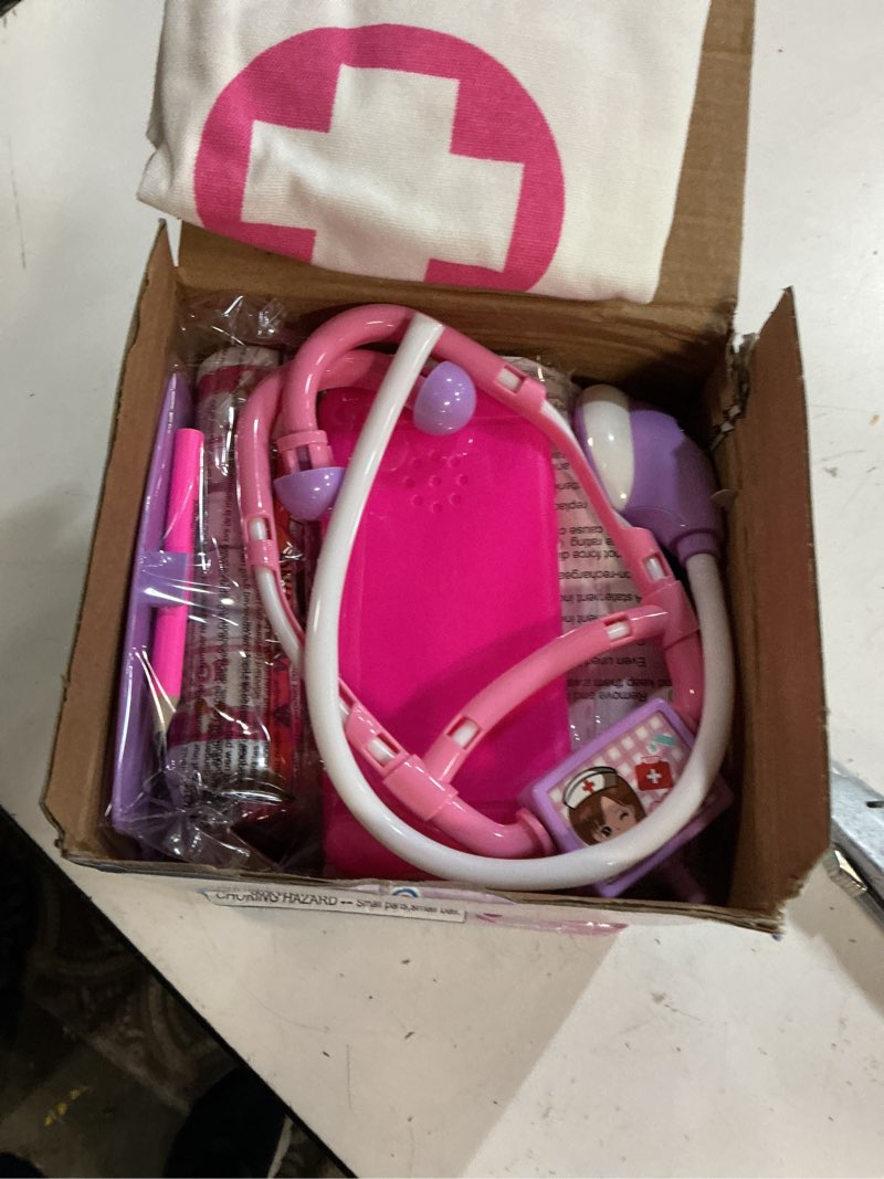 Condition photo showing New/Like New for meland toy doctor kit for girls, pretend play toy doctor set with dog , carrying bag, stethoscope & dress up costume gift for kids toddlers ages 3 4 5 6 year old for role play pink with doll