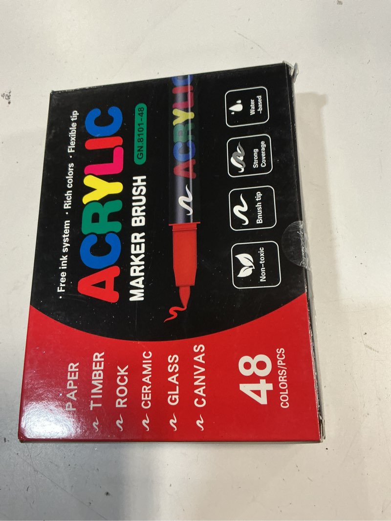 Condition photo showing New/Like New for 48 Acrylic Paint Markers, Acrylic Paint Pens with Brush Tip No-Bleed, Automatic Ink, Fabric Markers for Rock, Metal, Glass, Wood, Canvas, Ceramic, Plastic, DIY Craft, Art Supplies