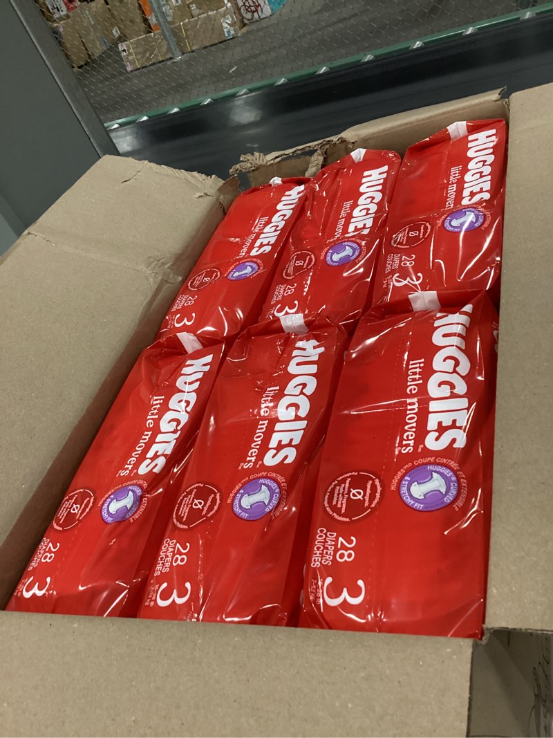 Condition photo showing New/Like New for Huggies Size 3 Diapers, Little Movers Baby Diapers, Size 3 (16-28 lbs), 168 Count (6 Packs of 28), Packaging May Vary