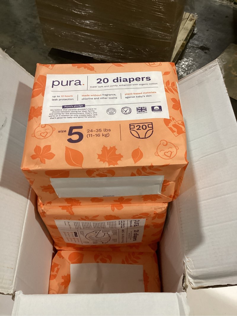 Condition photo showing As Is for Pura Size 5 Eco-Friendly Diapers (24-35 lbs) Totally Chlorine Free (TCF), Hypoallergenic, Soft Organic Cotton, Sustainable, up to 12 Hours Leak Protection, Allergy UK, 6 Packs of 20 (120 Diapers) Size 5 (120 Diapers)