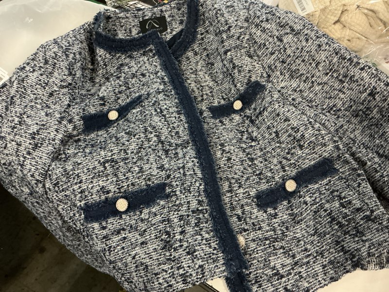 Condition photo showing New/Like New for m.infisavo womens tweed blazer jacket, cropped long sleeve blazers with pockets crewneck open front collarless denim blue medium