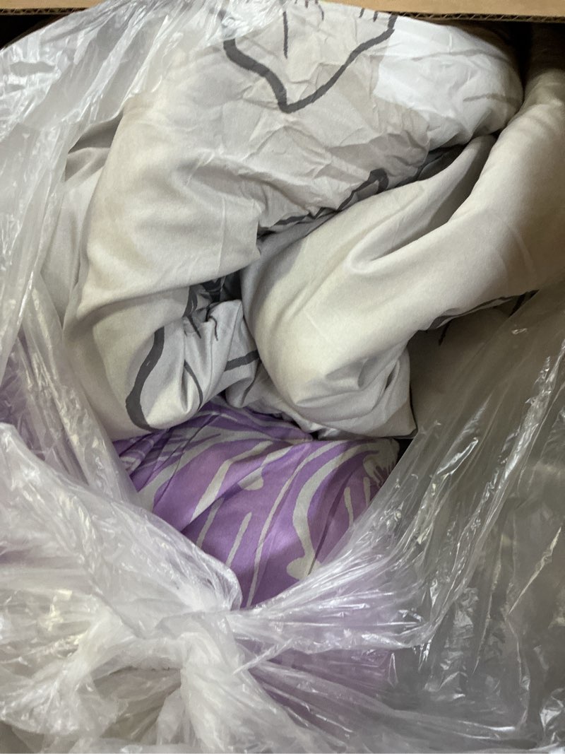 Condition photo showing As Is for Purple Comforter Set Queen Size, Purple Floral Pattern Printed on Light Grey, Soft Microfiber 7 Pieces Bed in a Bag (1 Comforter, 2 Pillow Shams, 1 Flat Sheet, 1 Fitted Sheet, 2 Pillowcases) Queen Purple
