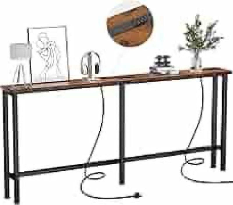 keelian 63" sofa table narrow long - 2 power outlets & 4 usb ports, metal frame,behind couch table b