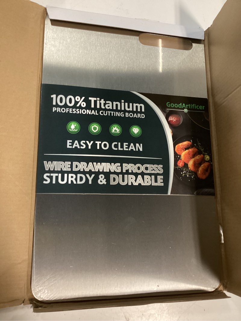Condition photo showing New/Like New for titanium cutting boards set of 3, 100% pure titanium kitchen cutting board, double-sided non-toxic cutting board, ideal for slicing and dicing meats, features handle, dishwasher safe silver 16"l*10"w(s+m+l)