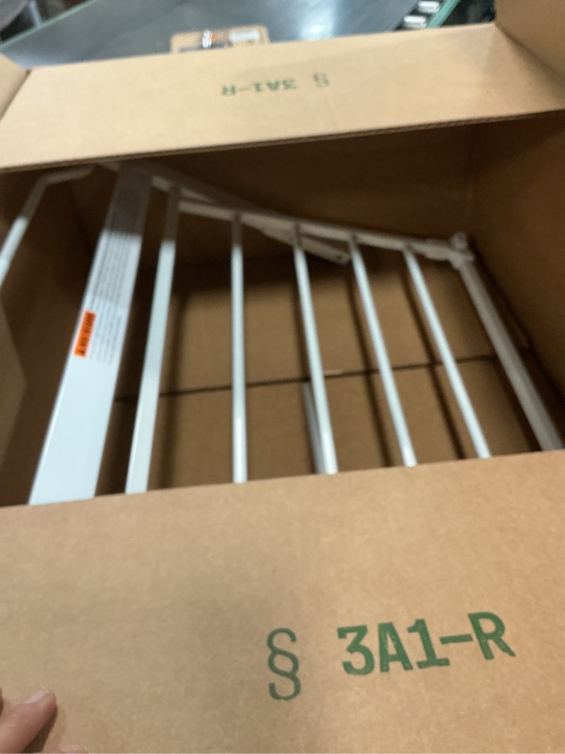 Condition photo showing As Is for regalo safety 38" baby gate for doorways & bottom of stairs, pressure mount design for babies, toddlers & pets, tested & safe for 30 years, american designed, american owned, white white 29-38.5"w x 30"h