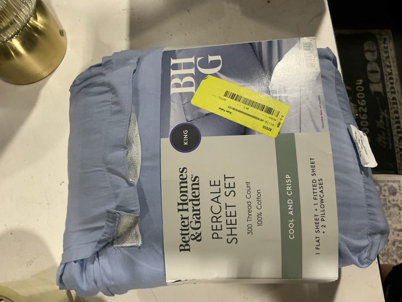 Condition photo showing As Is for better homes & gardens cool & crisp 4-piece 300 thread count blue water cotton percale sheet set, king