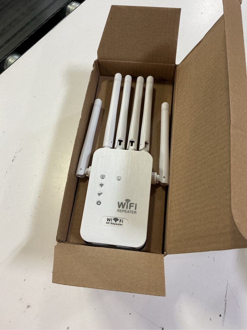 Condition photo showing Good Condition for wifi repeater, wifi extender signal booster for home, 9800 sq ft coverage, repeater/ap mode, 6 antennas, ethernet port, wpa2, supports 150+ devices, white