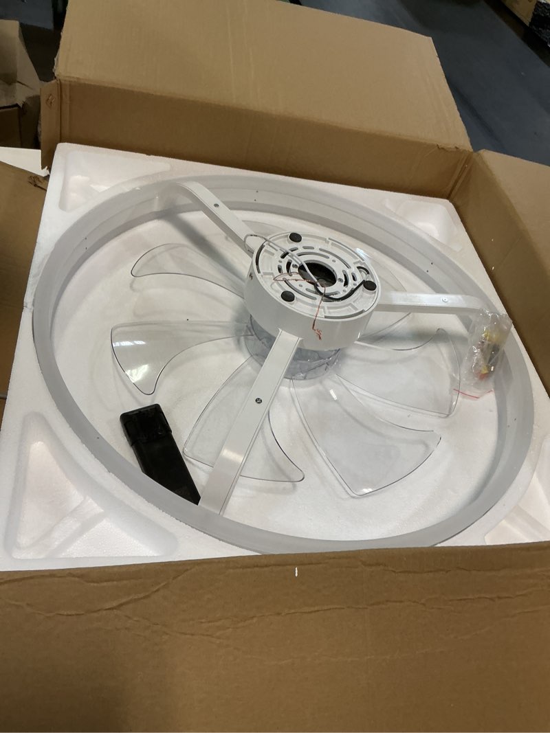 Condition photo showing As Is for volisun low profile ceiling fans with lights and remote, 24in flush mount ceiling fans with light, 3000k-6500k dimmable fandelier led fan light, white bladeless ceiling fans with lights for bedroom white 24 inch