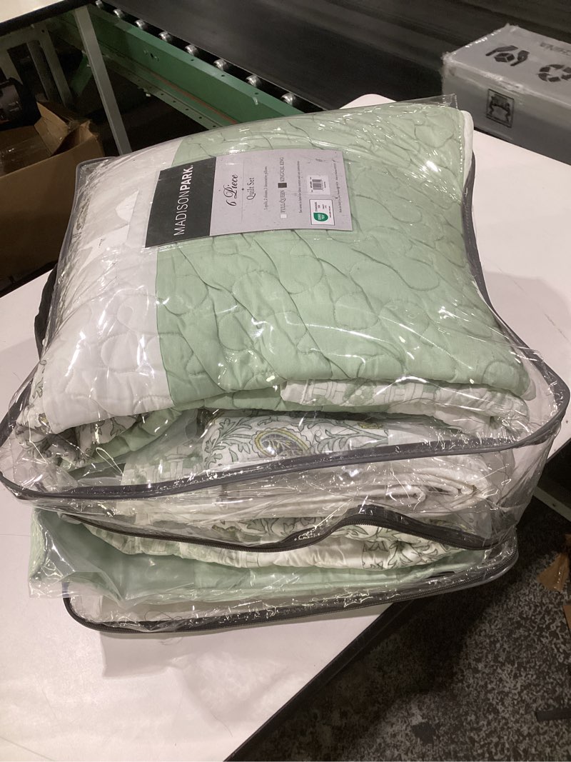 Condition photo showing Good Condition for madison park king quilt set cotton coverlet set with cotton filling for king size bed, all season, lightweight king cotton quilt include shams, & décor pillows, dawn, king/cal king sage green 6 piece sage green king/cal king