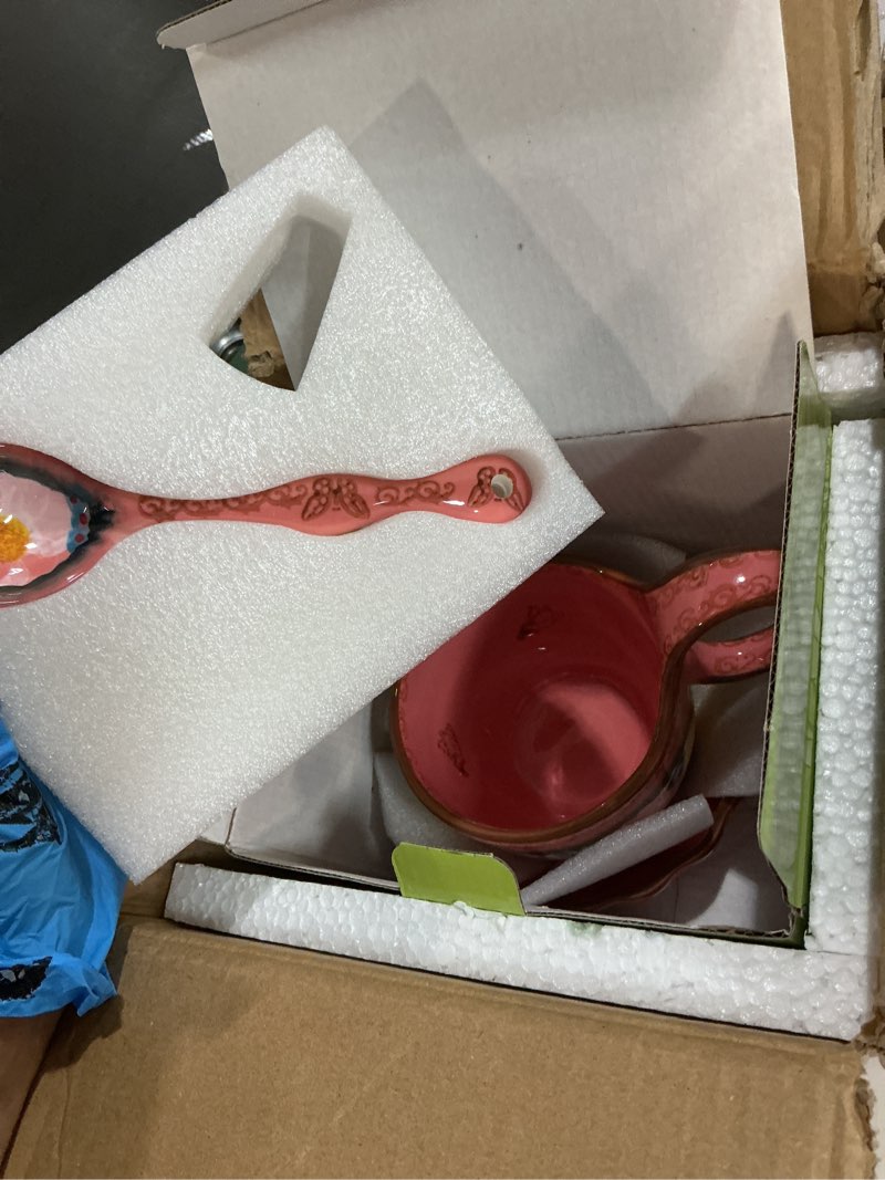 Condition photo showing New/Like New for silesia handmade loop handle soup bowl, plate and spoon set - ceramic hand painted cereal bowl great for soup, ice cream, snack, stew in gift box, dishwasher safe, glazed pink