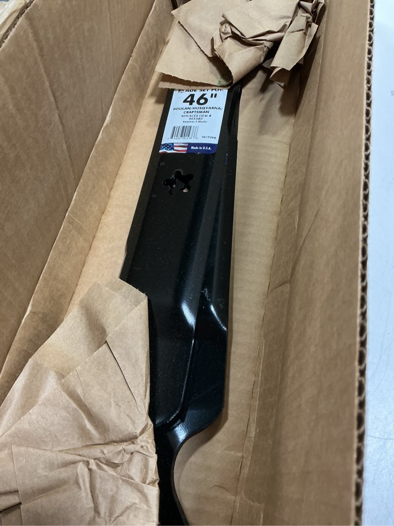 Condition photo showing New/Like New for maxpower 561739b 2 blade set for 46" cut craftsman, husqvarna, poulan replaces oem no. 405380, 594892801, 532405380, cmxgzam110147