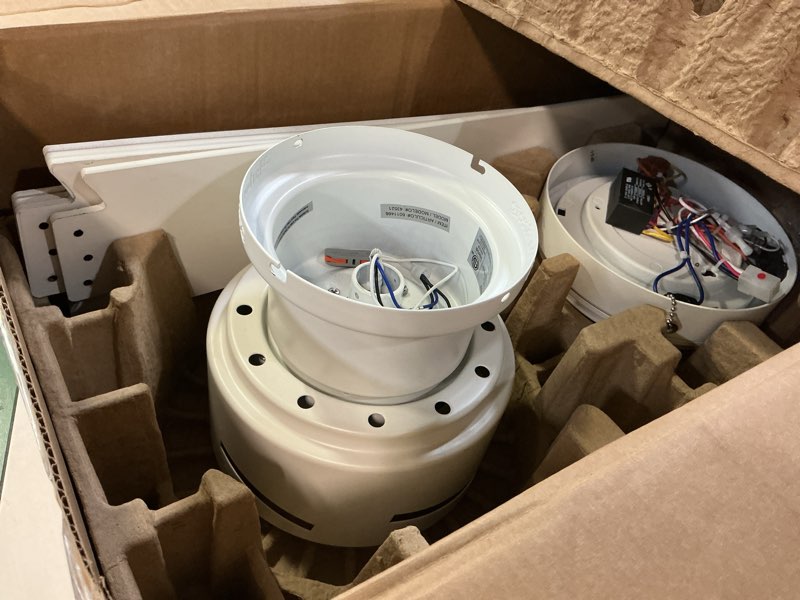 Condition photo showing As Is for  harbor breeze fairbanks easy2hang 52-in white with white/natural blades adjustable