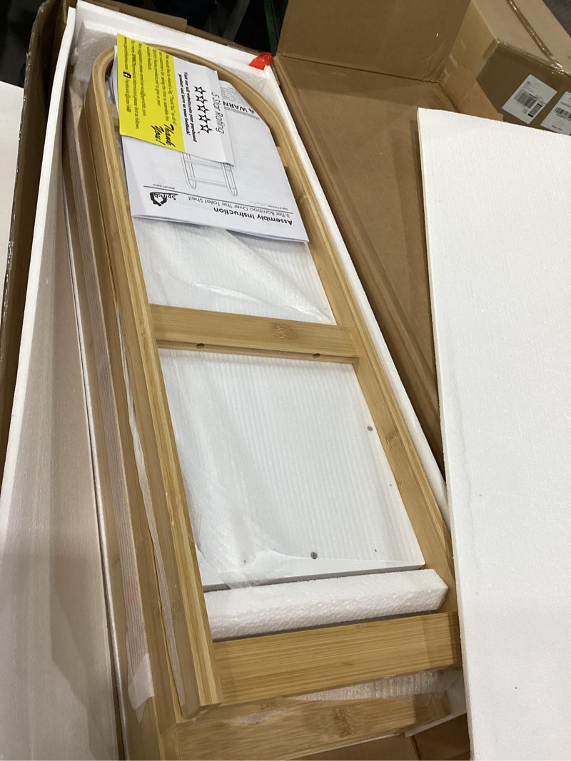 Condition photo showing New/Like New for spirich over the toilet storage shelf, 3-tier over toilet bathroom organizer, space-saving above toilet storage shelf rack with bamboo frame white