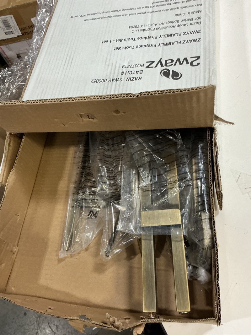 Condition photo showing Good Condition for 2WAYZ FLAMELY 5-Piece Fireplace Tools Set - Includes Fire Poker, Shovel, Brush, Tongs, Stand - Heavy-Duty Fireplace Accessories and Fire Tools for Indoor or Outdoor Use Modern Brass Set