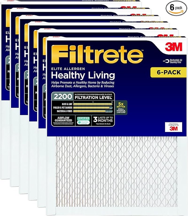 Filtrete MPR 2200 20 x 30 x 1 Healthy Living Elite Allergen Reduction AC Furnace Air Filter, 6-Pack