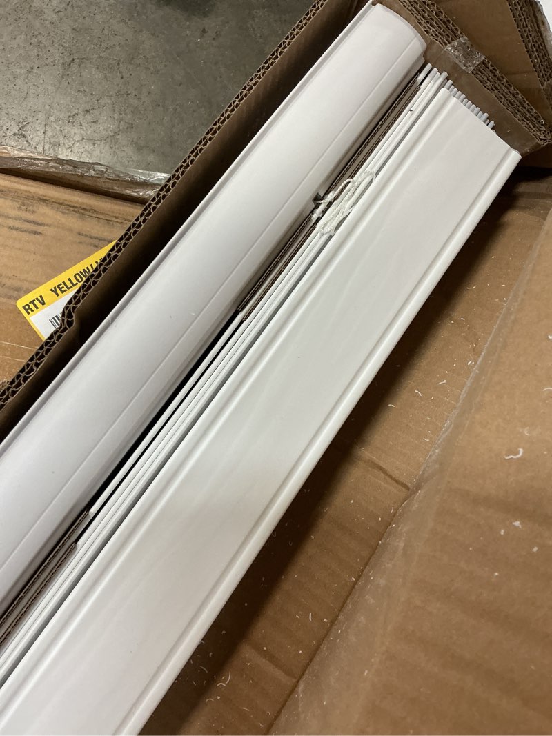 Condition photo showing Good Condition for white cordless room darkening premium faux wood window blinds with 2 in. slats, 60.5 in. w x 36 in. l