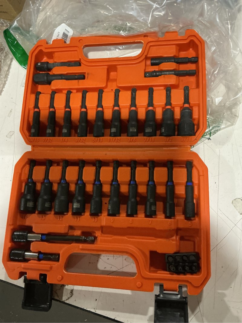 Condition photo showing As Is for 35 pcs magnetic nut driver set, impact drill driver bit 1/4" hex shank, sae & metric cr-v steel nut drivers with quick-release extensions, impact socket adapters, bit holder, 8pcs s2 bits, toolbox