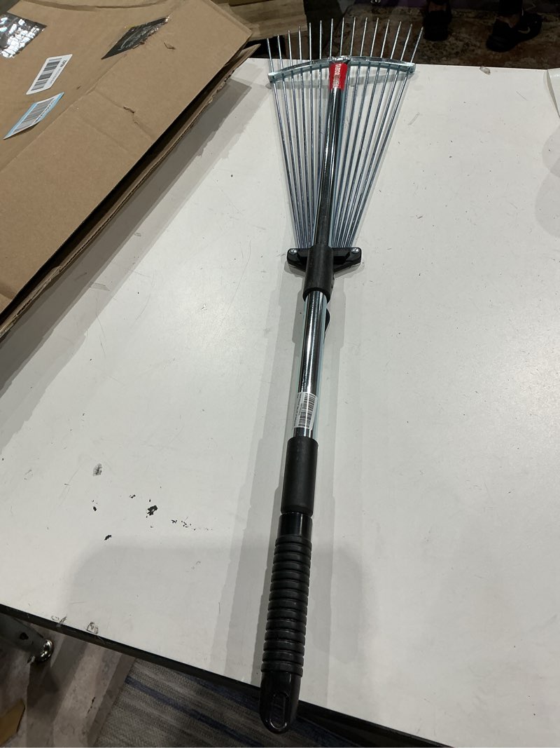 Condition photo showing Good Condition for tabor tools adjustable metal rake - collapsible & telescopic - garden, yard, & lawn - ideal for leaves, shrubs & small areas. j16a black