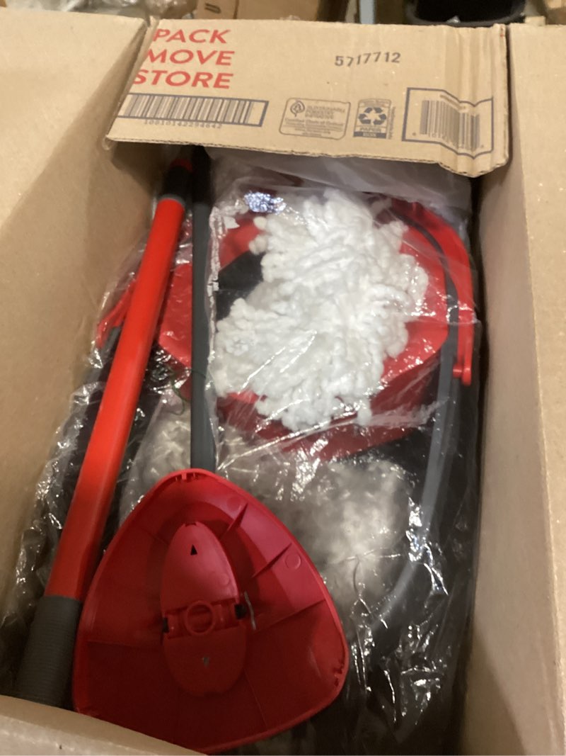 Condition photo showing As Is for o-cedar easywring microfiber spin mop & bucket floor cleaning system + 2 extra refills, red/gray spin mop & bucket with 2 extra refills