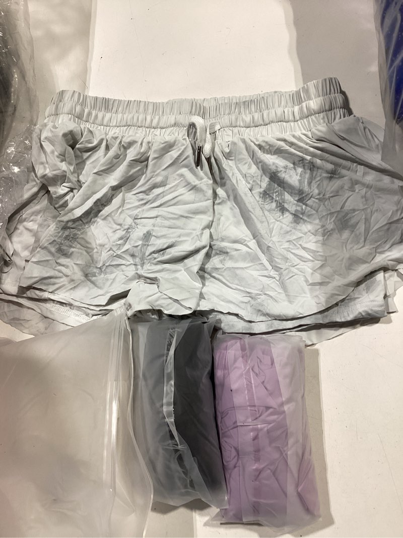 Condition photo showing As Is for exarus 3 pack womens butterfly shorts flowy athletic 2 in 1 running workout tennis skirt skorts gym preppy large women-black/white/purple