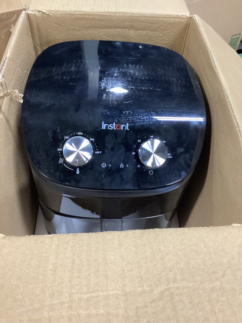 Condition photo showing As Is for Instant Pot Essentials 4QT Air Fryer with EvenCrisp Technology that Crisps and Reheats, Easily Adjust Time & Temperature For Quick Meals, 100+ In-App Recipes, from the Makers of Instant Pot, Black Chrome 4QT