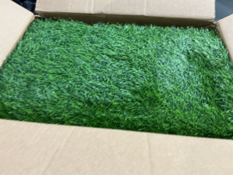 Condition photo showing As Is for artificial turf grass outdoor - synthetic realistic fake grass indoor rug with drainage holes for patio, balcony, backyard, landscape decortaion - pet friendly dog grass mat (5ft x 8ft)