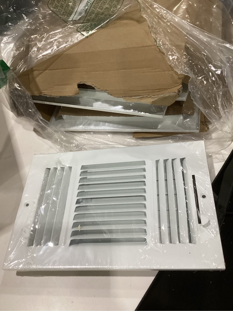 Condition photo showing As Is for 8 pcs 10x6 inch ceiling vent register for home, white 3 way sidewall solid steel wall air vent registers ac ceiling vent return covers, interior size 10 x 6 inch interior size 10x6 inch 8