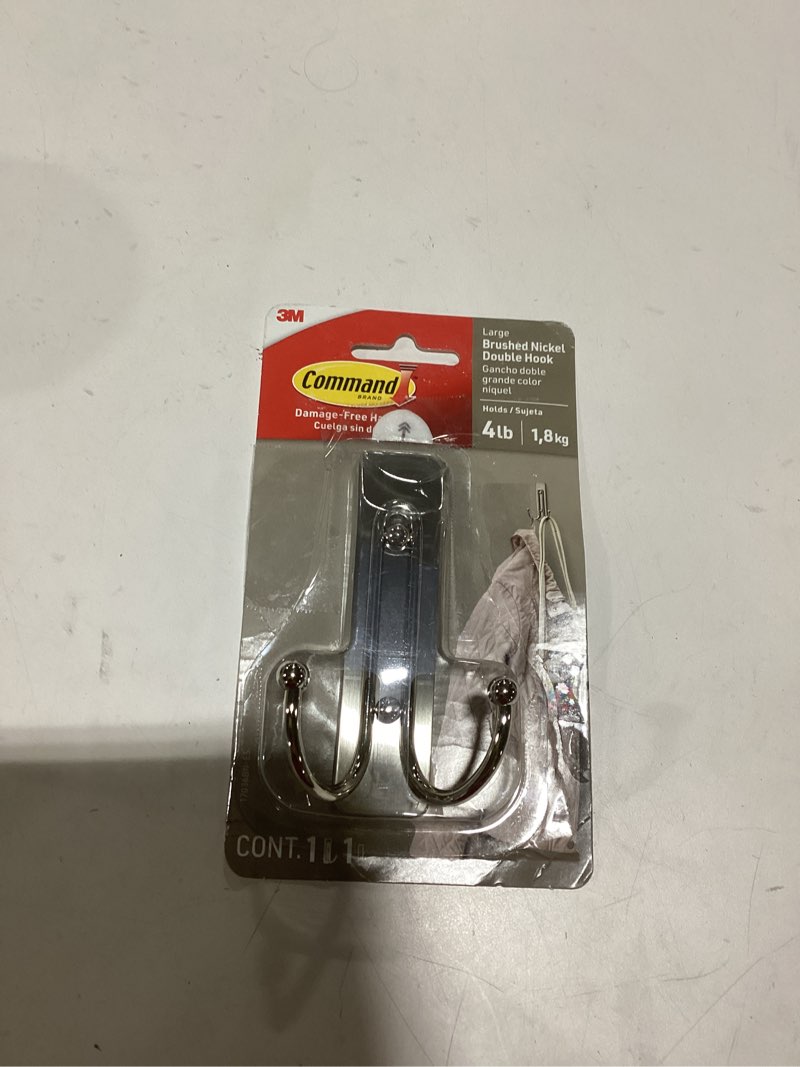 Condition photo showing As Is for Command Large Matte Black Double Hook, 1 Hooks and 1 Strip, Damage-Free Hanging Wall Hook with Adhesive Strips, No Tools Coat Hooks for Hanging Home Decor, Holds up to 4 lb