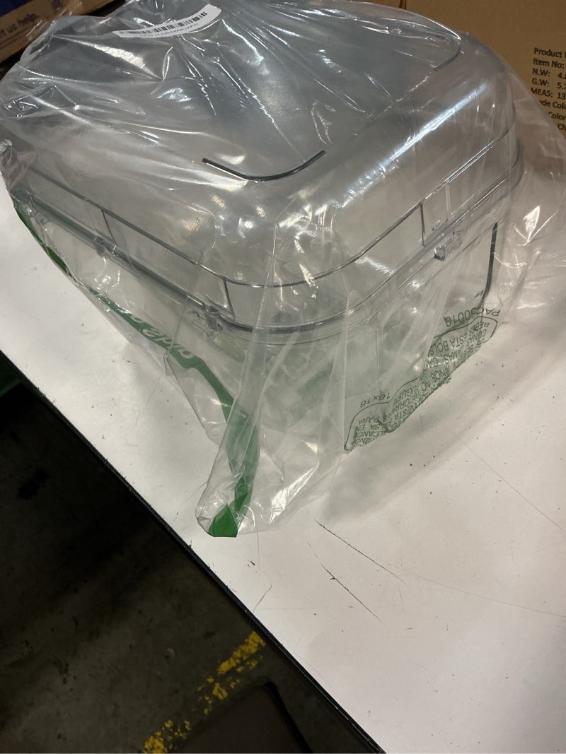 Condition photo showing As Is for large chinchilla dust bath house, 11-inch clear enclosed bathing hideout with lift-off lid, low-mess rim & stable non-slip base, easy-clean design for adult chinchillas