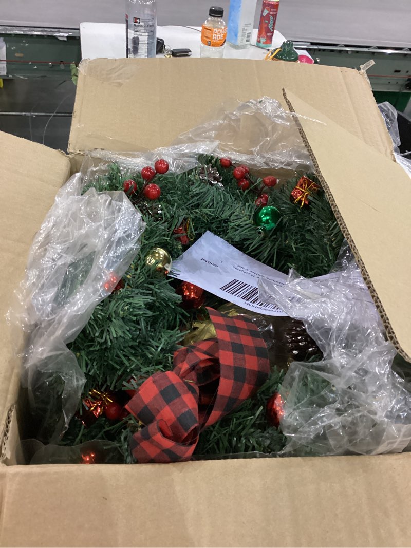 Condition photo showing As Is for Ceenna 8 Pcs Lighted Christmas Wreath 14 Inch Pre Lit Artificial Christmas Wreath with Battery Operated LED Light and Timer for Xmas Front Door Outdoor Window Holiday Party Decor(Plaid Bow)