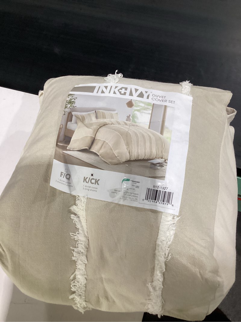 Condition photo showing Good Condition for ink+ivy king duvet cover set boho duvet covers stripes, clipped jacquard, cotton duvet cover for king size bed, all season lightweight king bedding cover & shams, shay, king/cal king, taupe 3 piece taupe king/cal king duvet cover set