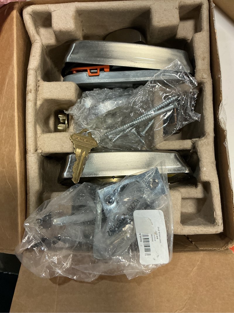 Condition photo showing As Is for schlage be365 cam 626 camelot keypad deadbolt, electronic keyless entry lock, satin chrome satin chrome camelot