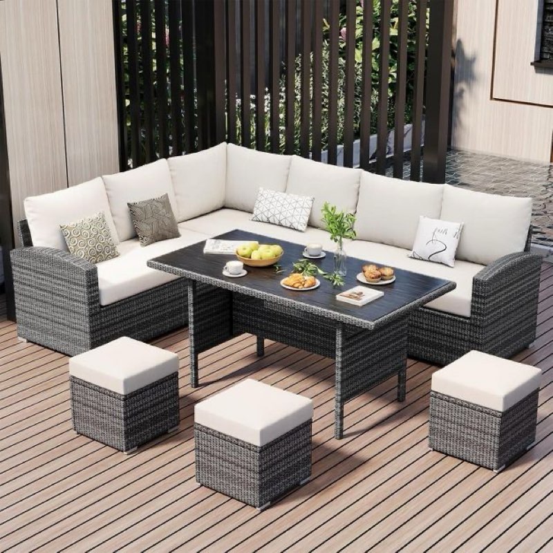 ( similar)Acekool 7-Piece Outdoor Patio Furniture Set with Grey PE Rattan, Cushions & Glass Table for Porch, Balcony & Backyard