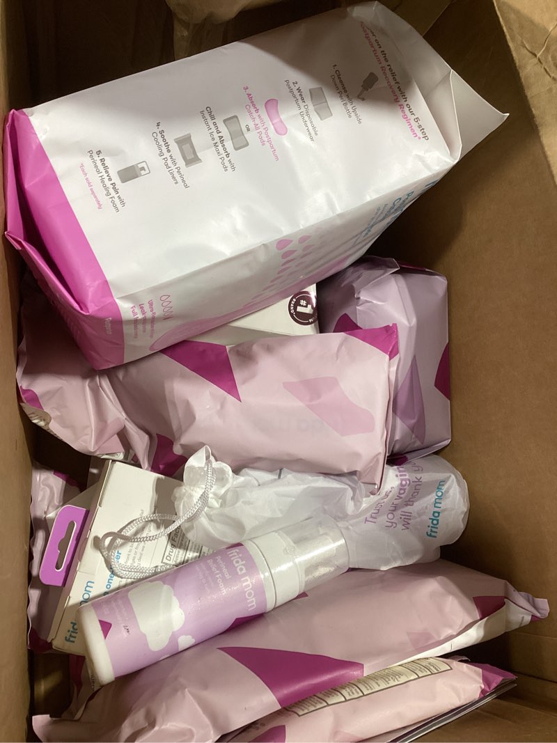 Condition photo showing As Is for frida mom 11pc postpartum essentials kit gift set, hospital bag must haves for new mom, includes 4 disposable postpartum underwear, 4 ice maxi pads, perineal healing foam & 24 pad liners & peri bottle postpartum kit
