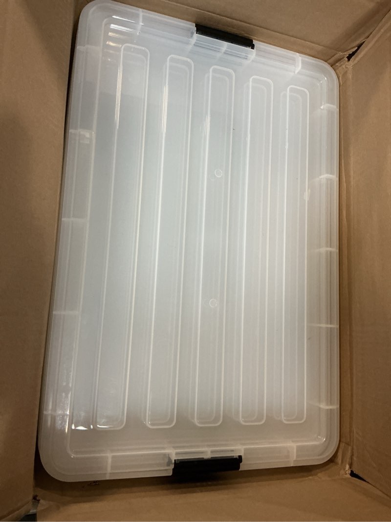 Condition photo showing Good Condition for iris usa 68 qt stackable plastic storage bins with lids, 5 pack - bpa-free, see-through organizing solution, latches, durable nestable containers, secure pull handle, made in usa - clear clear 68 qt. - 5 pack
